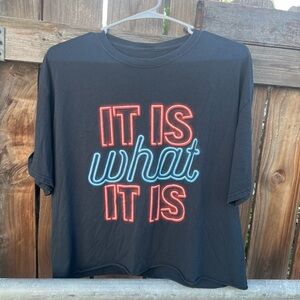 Black Graphic Tee with Red and Blue Text